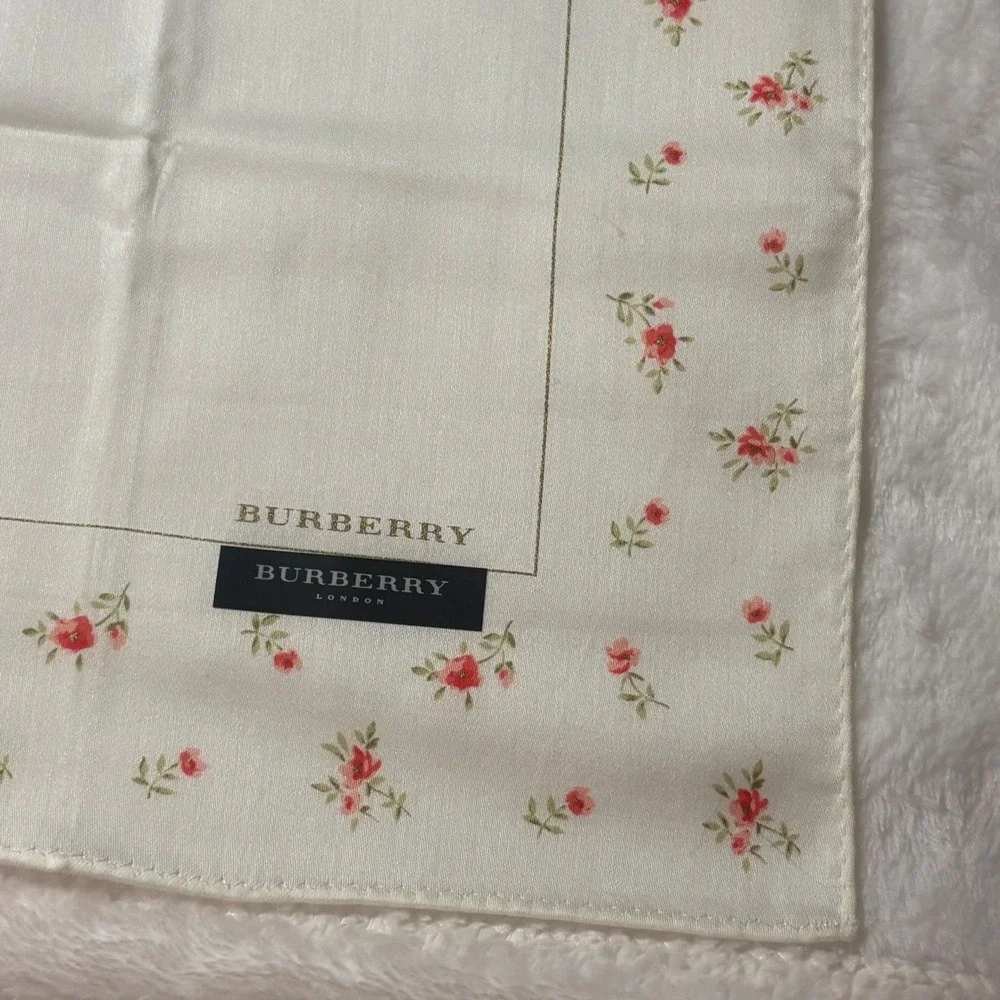 BURBERRY Scarf Handkerchief Floral Rosebud Silk Ivory White 19.5in